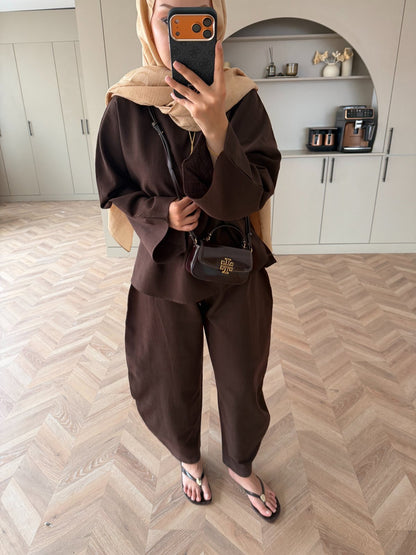 Belted blouse with barrel leg trouser linen set- brown