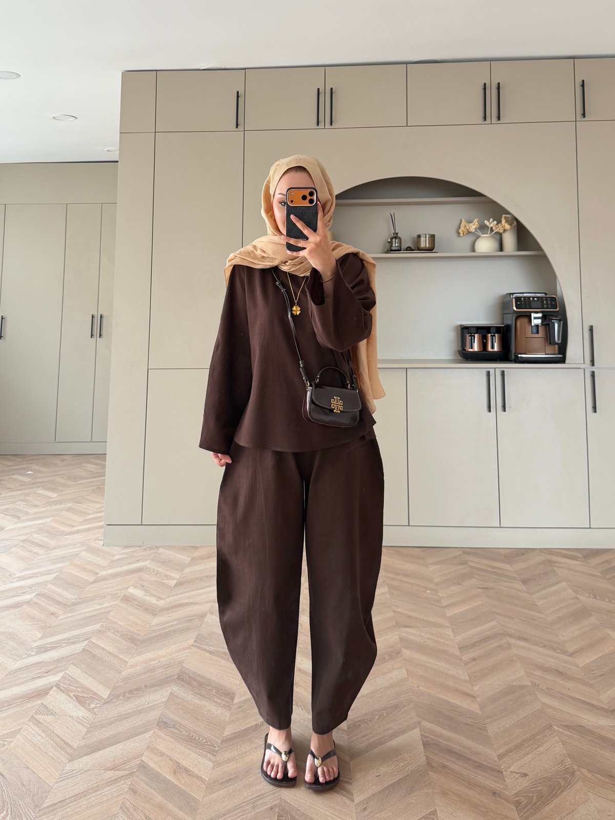Belted blouse with barrel leg trouser linen set- brown
