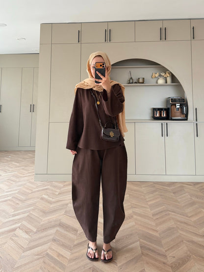 Belted blouse with barrel leg trouser linen set- brown