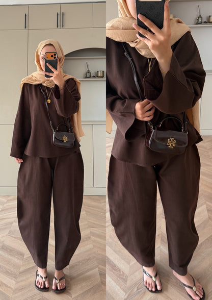 Belted blouse with barrel leg trouser linen set- brown