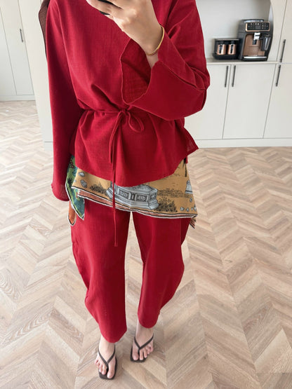 Belted blouse with barrel leg trouser linen set-red