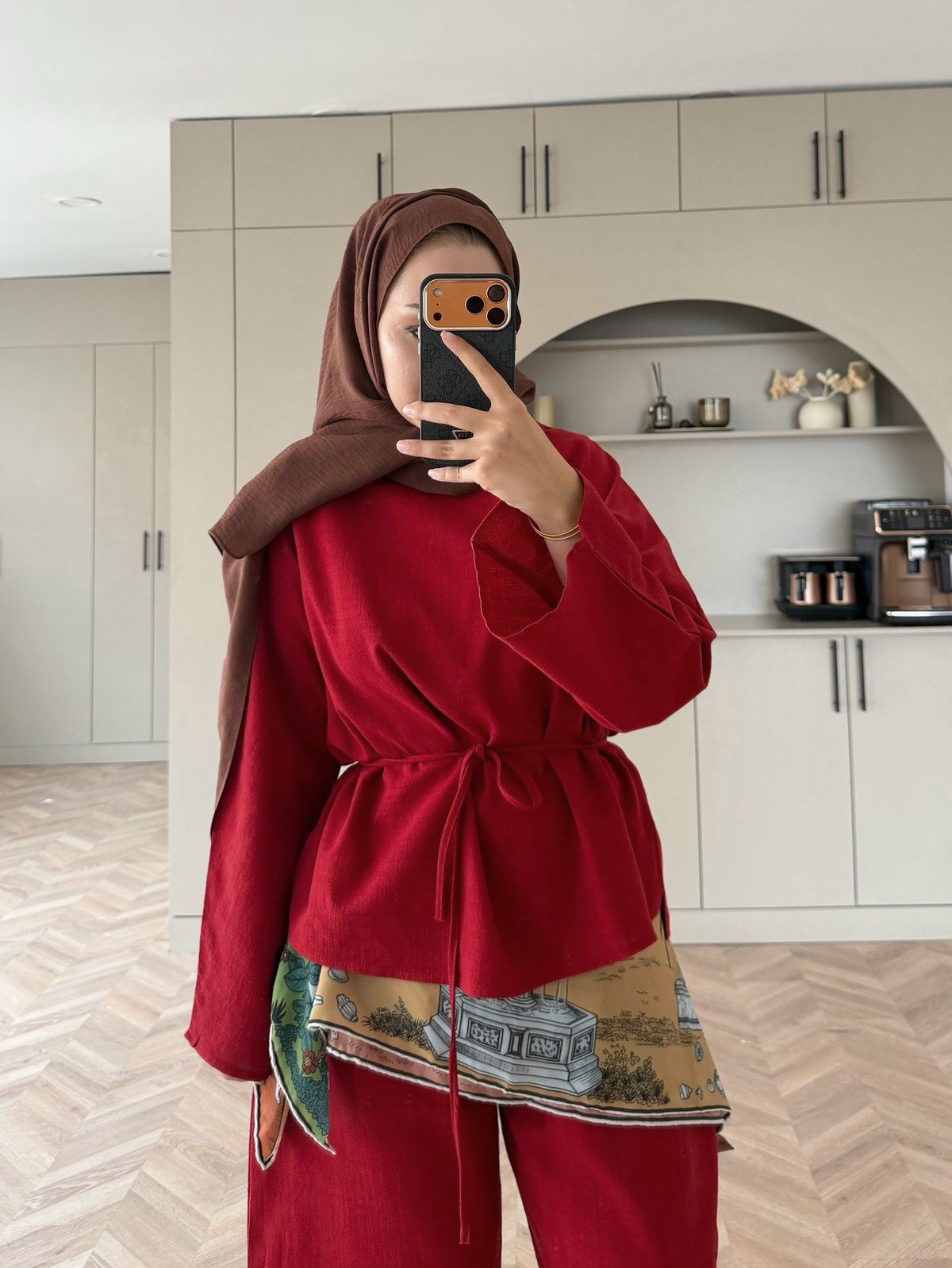Belted blouse with barrel leg trouser linen set-red