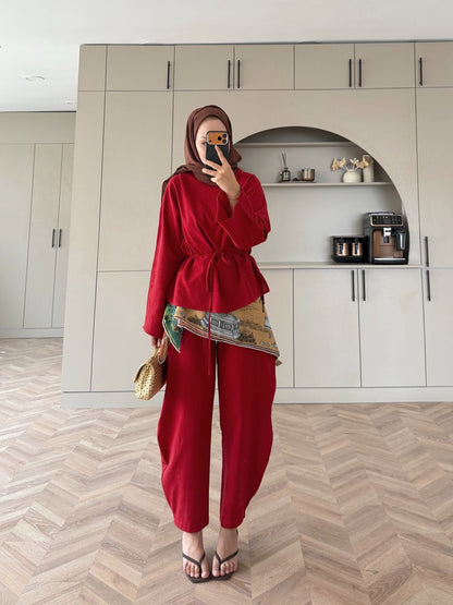 Belted blouse with barrel leg trouser linen set-red