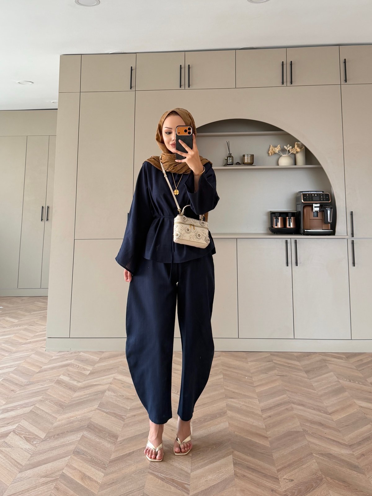 Belted blouse with barrel leg trouser linen set- navy blue