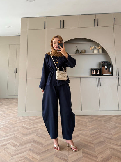 Belted blouse with barrel leg trouser linen set- navy blue