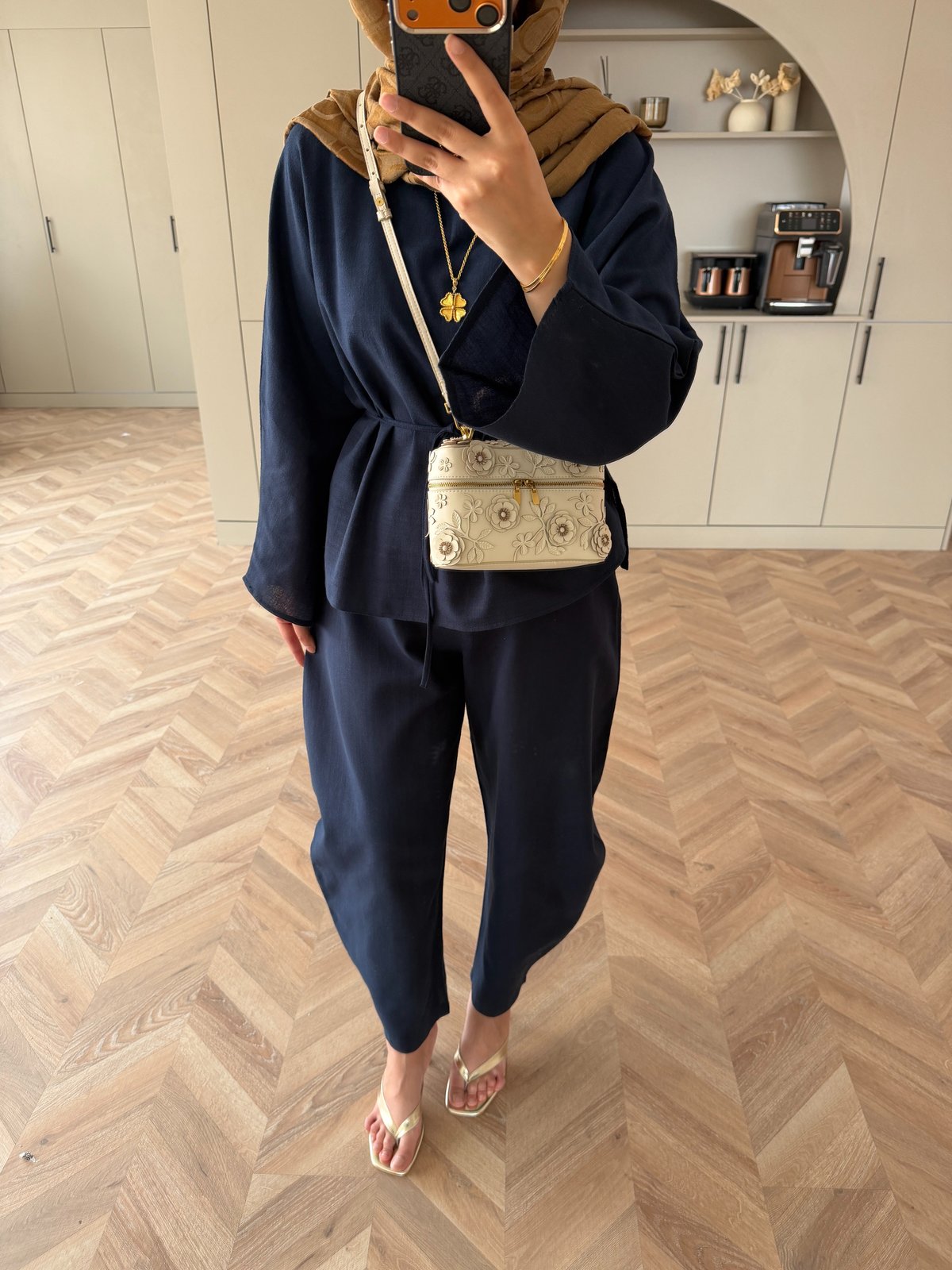 Belted blouse with barrel leg trouser linen set- navy blue