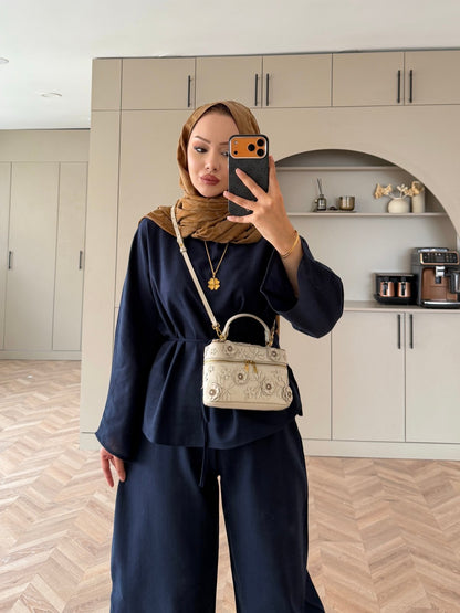 Belted blouse with barrel leg trouser linen set- navy blue