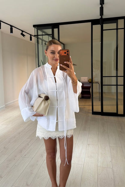 Chinese Buttoned Transparent Shirt - white