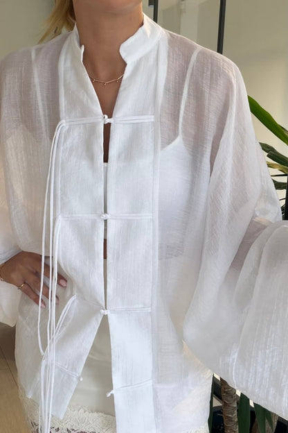 Chinese Buttoned Transparent Shirt - white