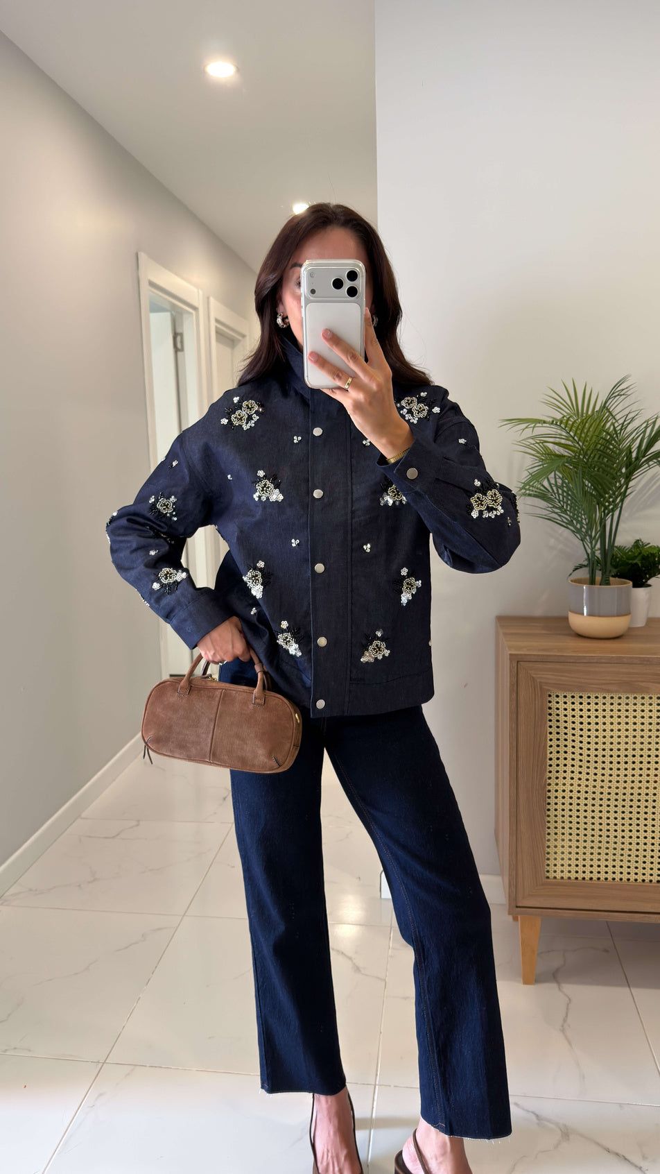 Navy Blue Bomber tencel jeans Jacket with Embroidered Details