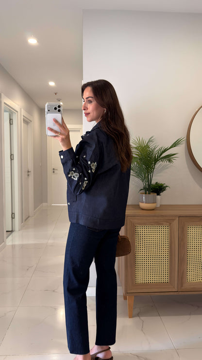 Navy Blue Bomber tencel jeans Jacket with Embroidered Details
