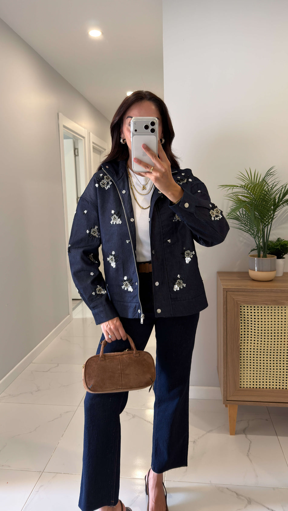 Navy Blue Bomber tencel jeans Jacket with Embroidered Details