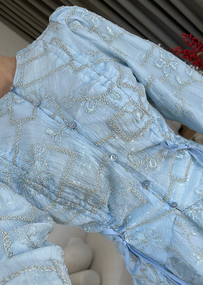 Glitter Embroidered shirt- blue