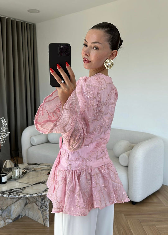 Glitter Embroidered Shirt - PINK