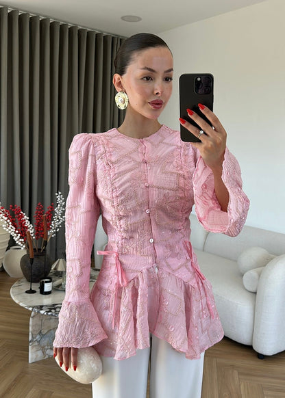Glitter Embroidered Shirt - PINK