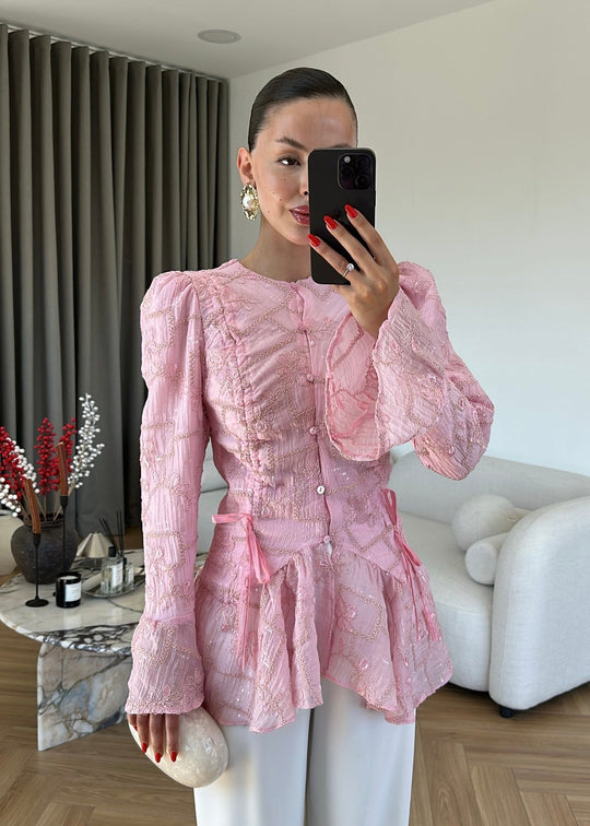 Glitter Embroidered Shirt - PINK