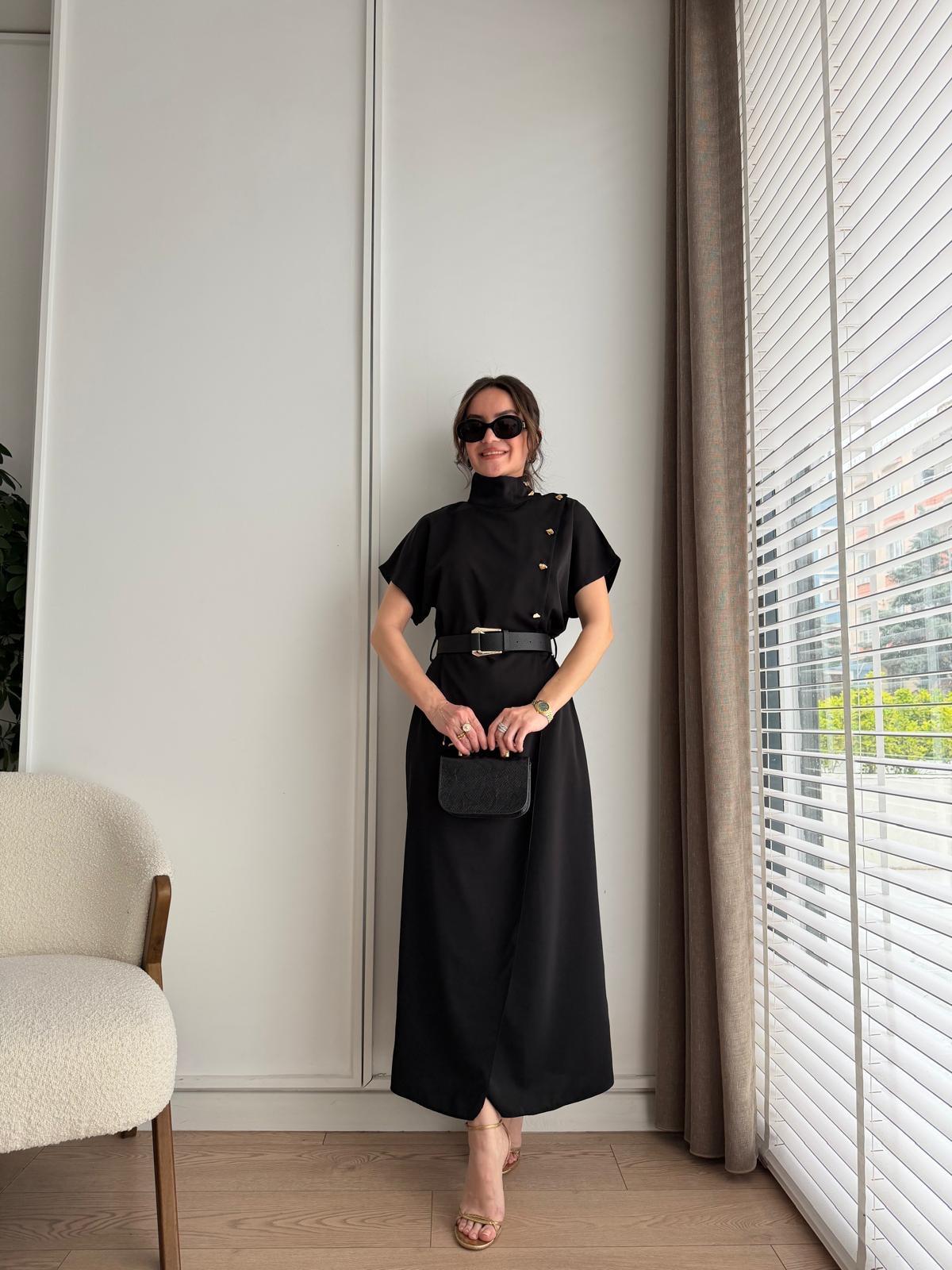 High-Neck Wrap Dress with Gold Buttons, Black