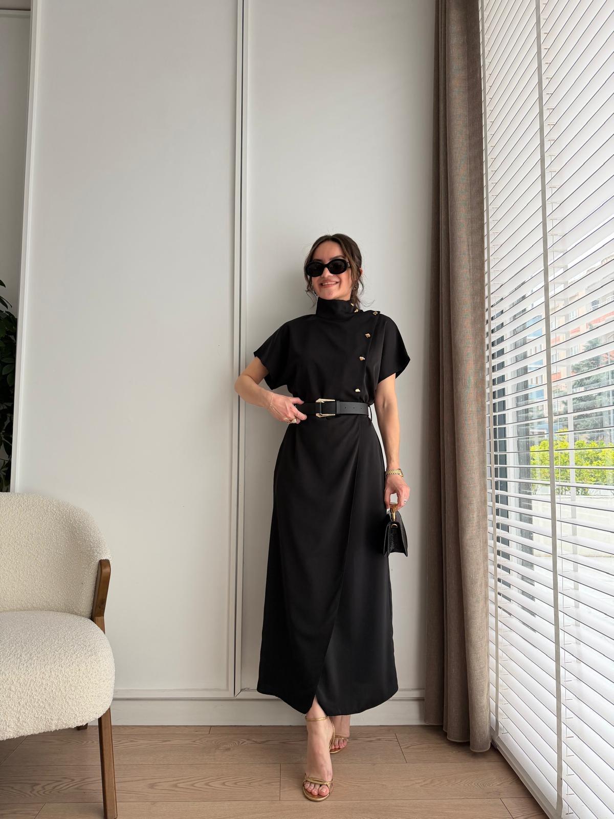 High-Neck Wrap Dress with Gold Buttons, Black