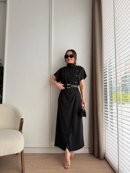 High-Neck Wrap Dress with Gold Buttons, Black