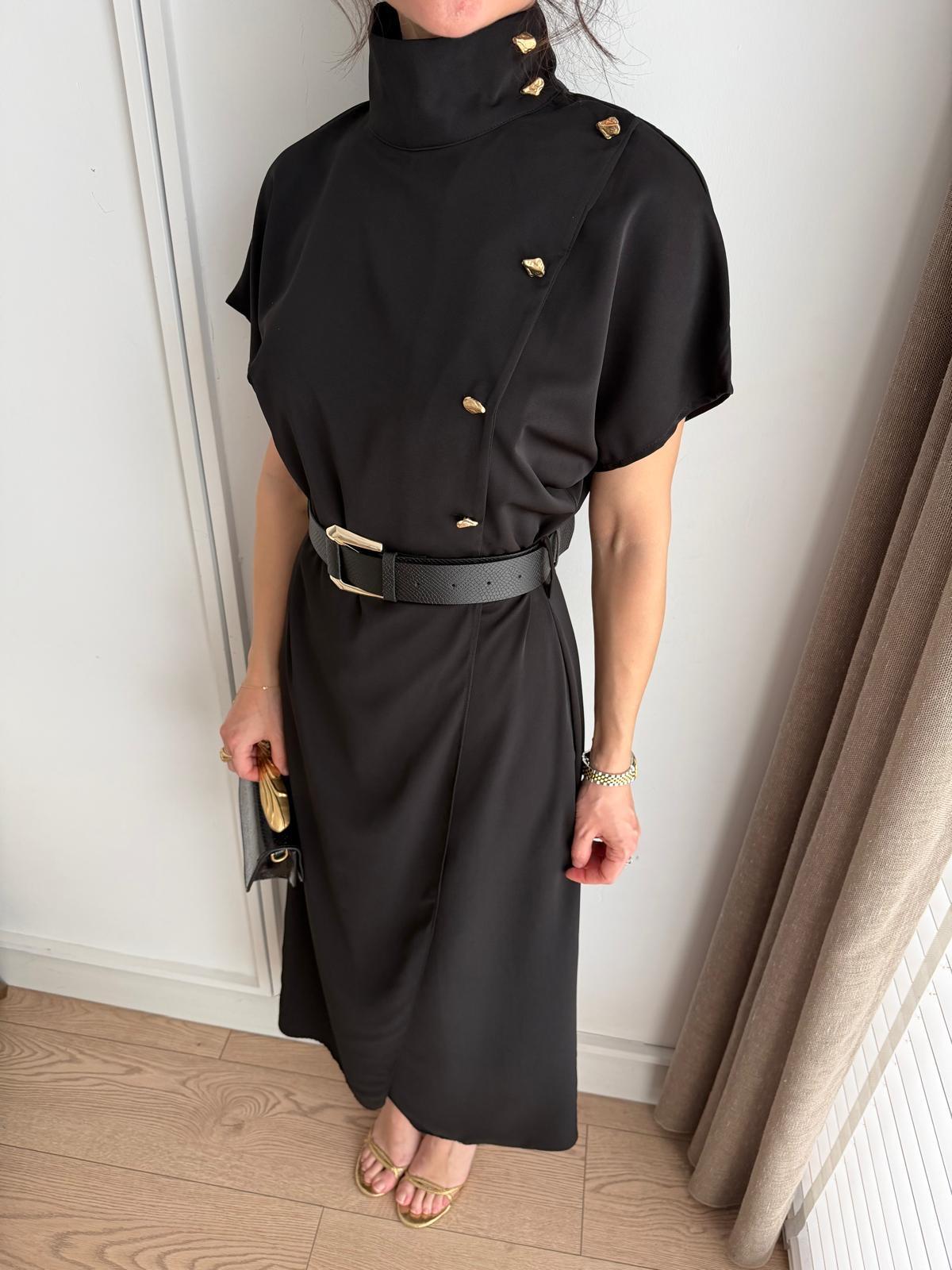 High-Neck Wrap Dress with Gold Buttons, Black