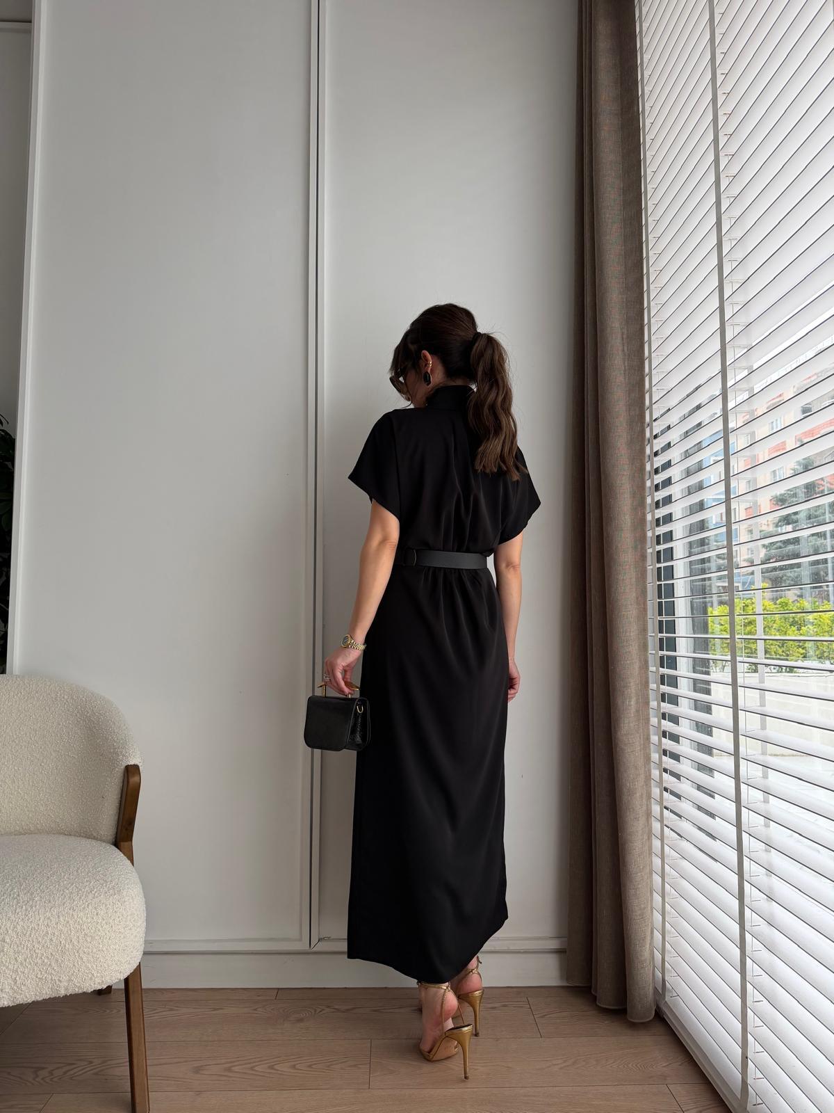 High-Neck Wrap Dress with Gold Buttons, Black