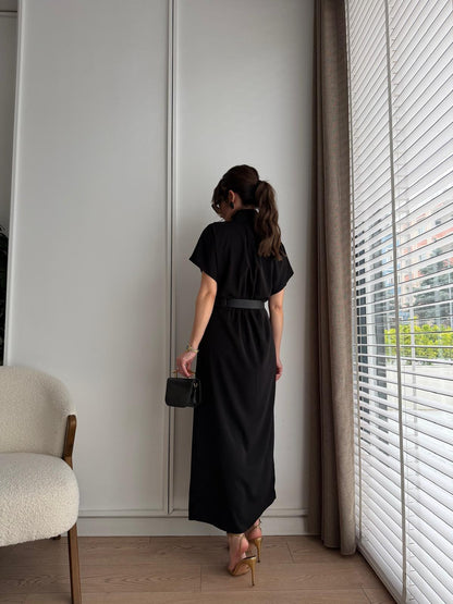 High-Neck Wrap Dress with Gold Buttons, Black