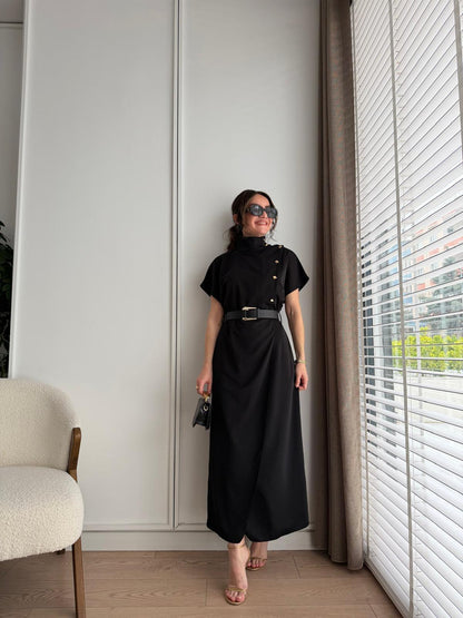 High-Neck Wrap Dress with Gold Buttons, Black