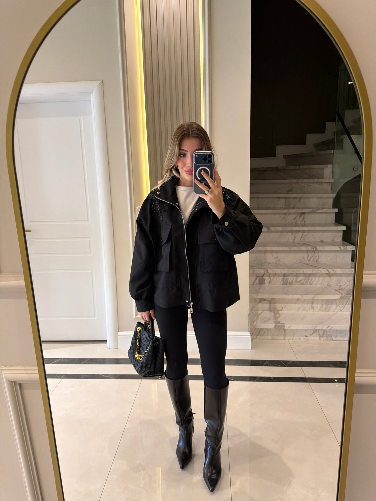 jacket with gathered sides and sequined shoulders - black