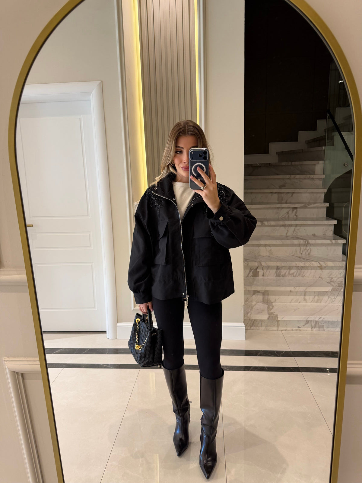 jacket with gathered sides and sequined shoulders - black