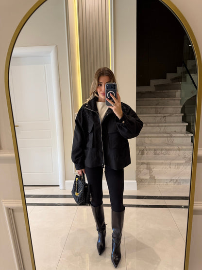 jacket with gathered sides and sequined shoulders - black