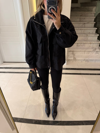 jacket with gathered sides and sequined shoulders - black