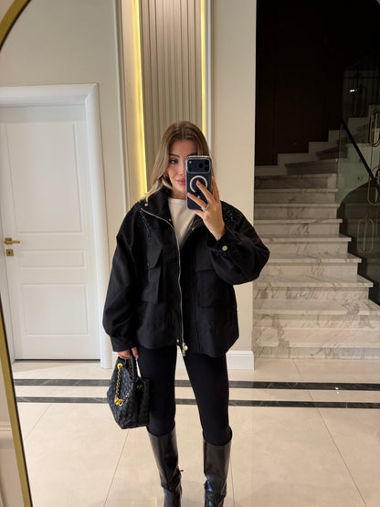 jacket with gathered sides and sequined shoulders - black