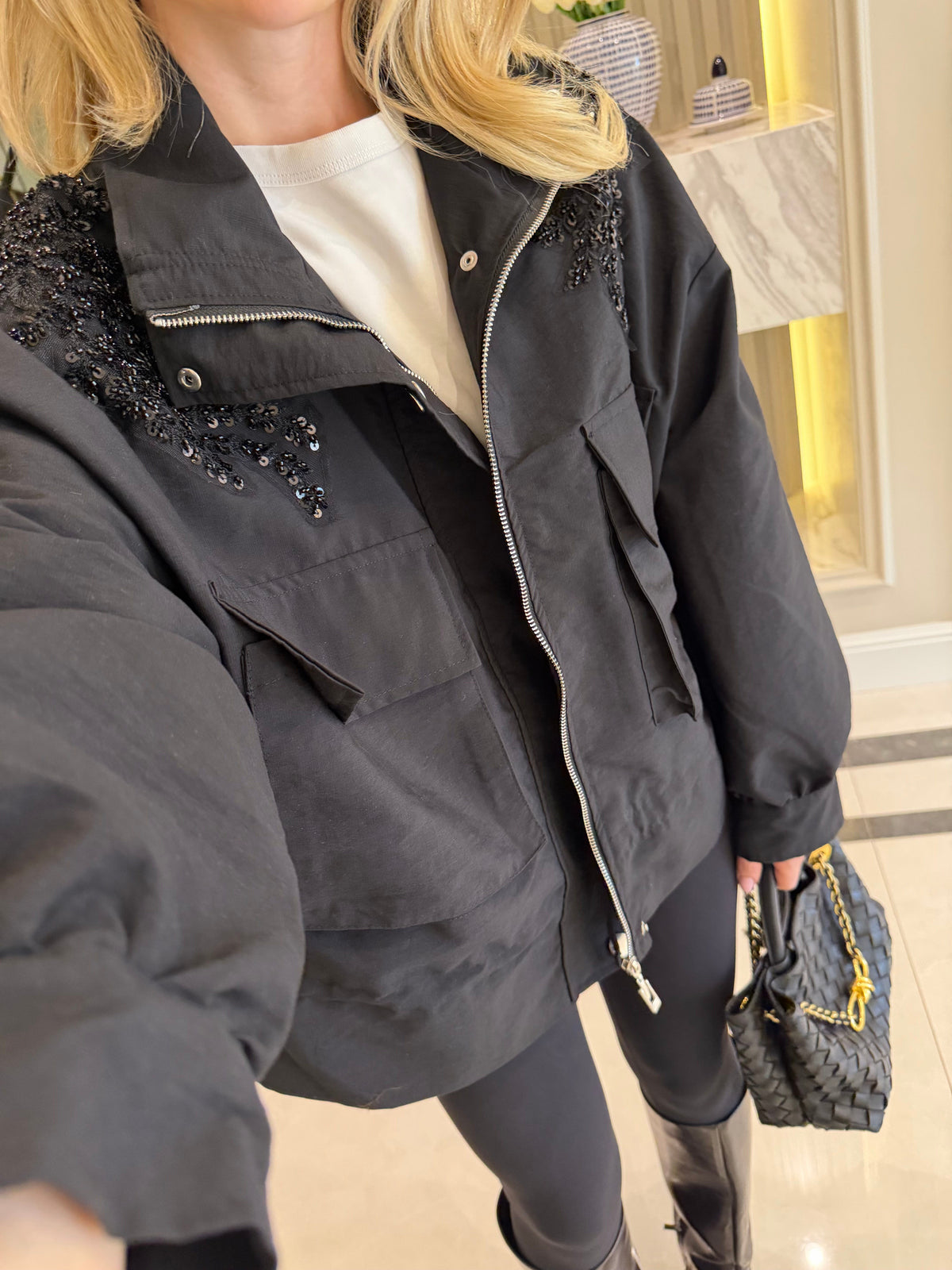 jacket with gathered sides and sequined shoulders - black
