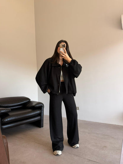 Oversized jacket with waistband straight leg trouser oysho fabric set - black