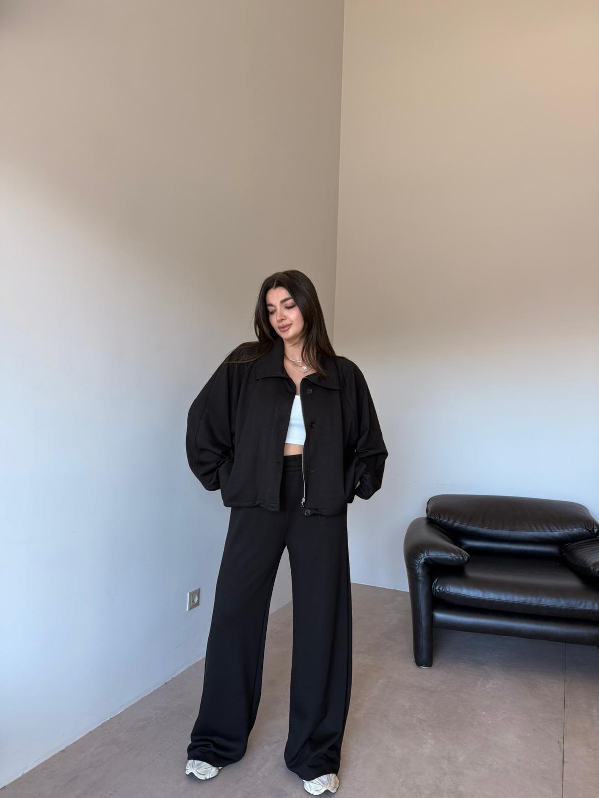 Oversized jacket with waistband straight leg trouser oysho fabric set - black