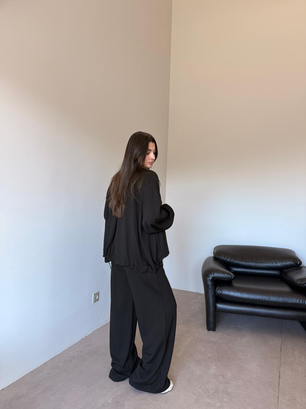 Oversized jacket with waistband straight leg trouser oysho fabric set - black