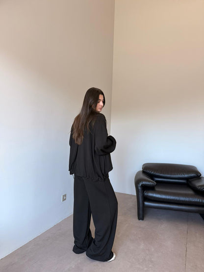 Oversized jacket with waistband straight leg trouser oysho fabric set - black