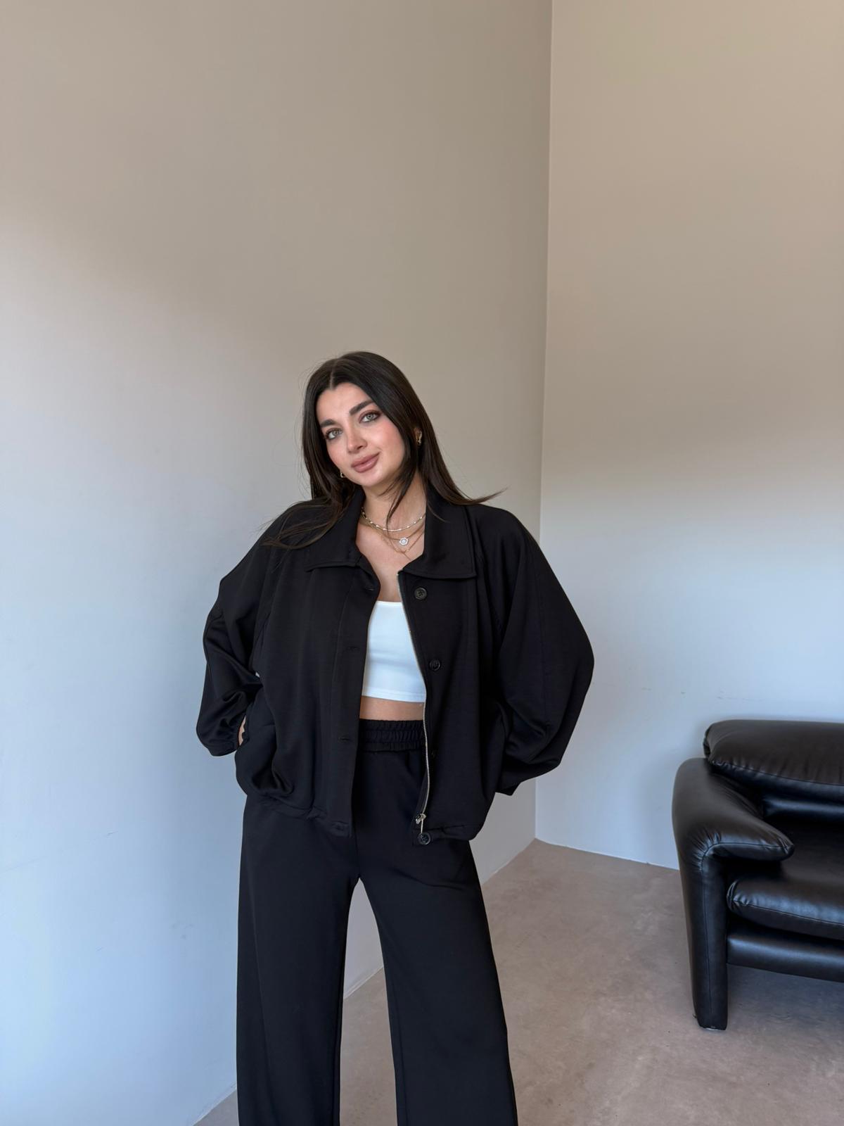 Oversized jacket with waistband straight leg trouser oysho fabric set - black