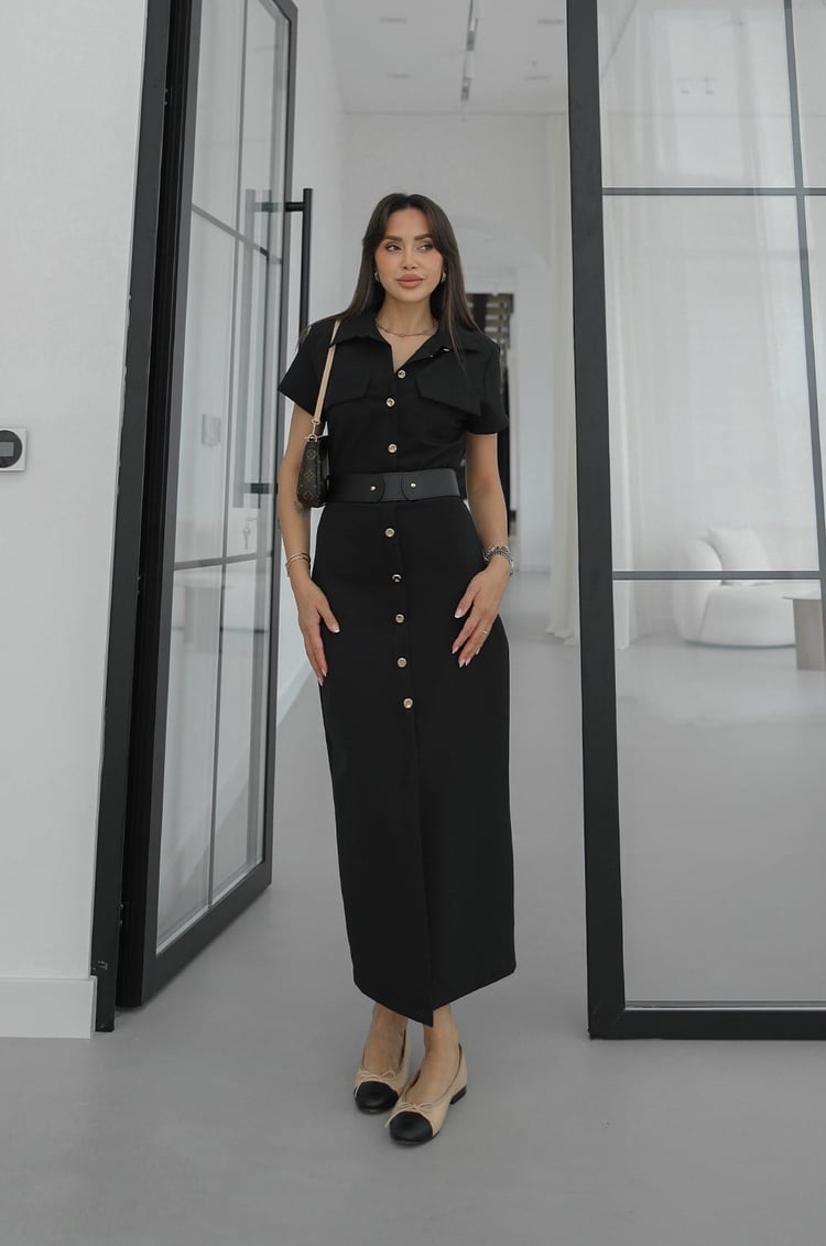 Gold button lap-neck belted midi dress
