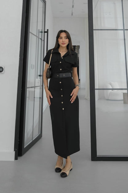 Gold button lap-neck belted midi dress