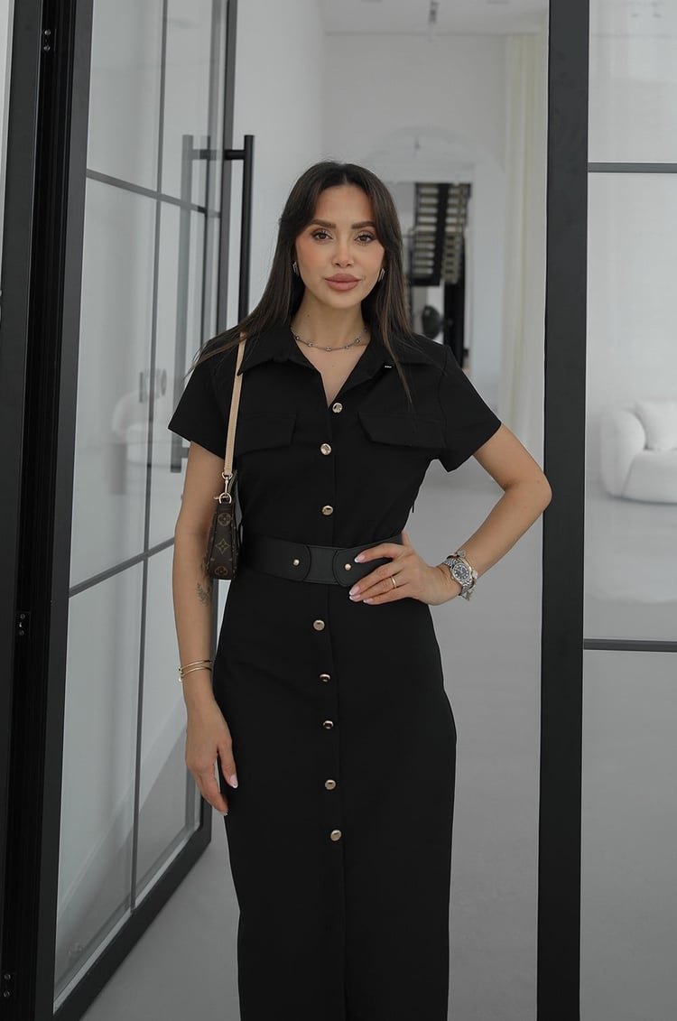 Gold button lap-neck belted midi dress