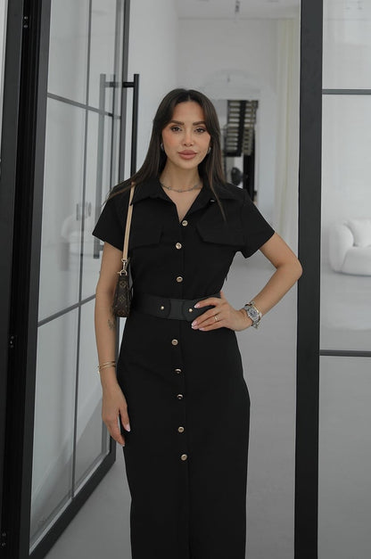 Gold button lap-neck belted midi dress