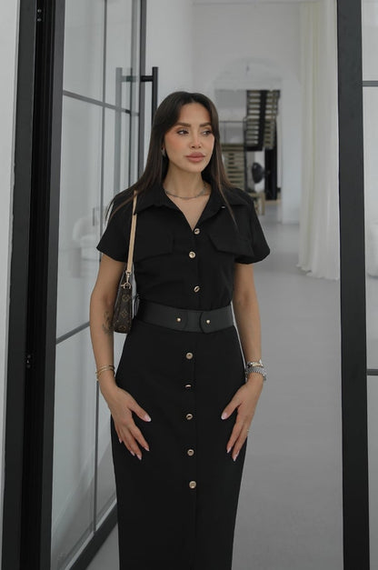 Gold button lap-neck belted midi dress