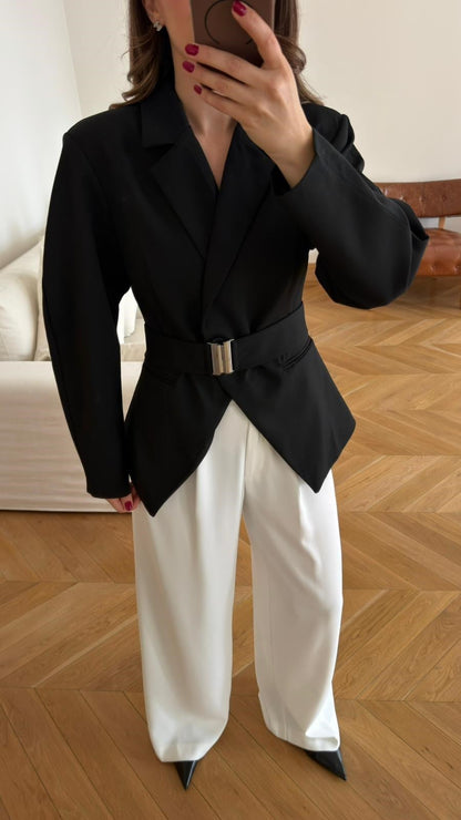 Black Double-Breasted blazer with Belt Detail