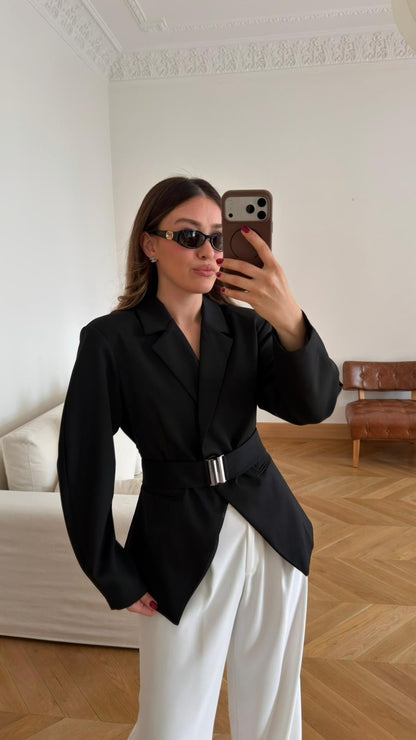 Black Double-Breasted blazer with Belt Detail