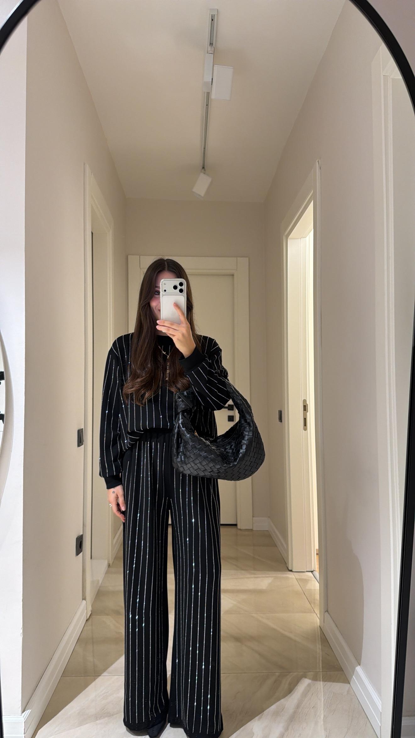 Black Stone oysho fabric Embellished Sweatshirt and Pants Set