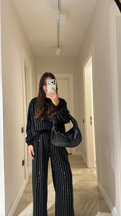 Black Stone oysho fabric Embellished Sweatshirt and Pants Set