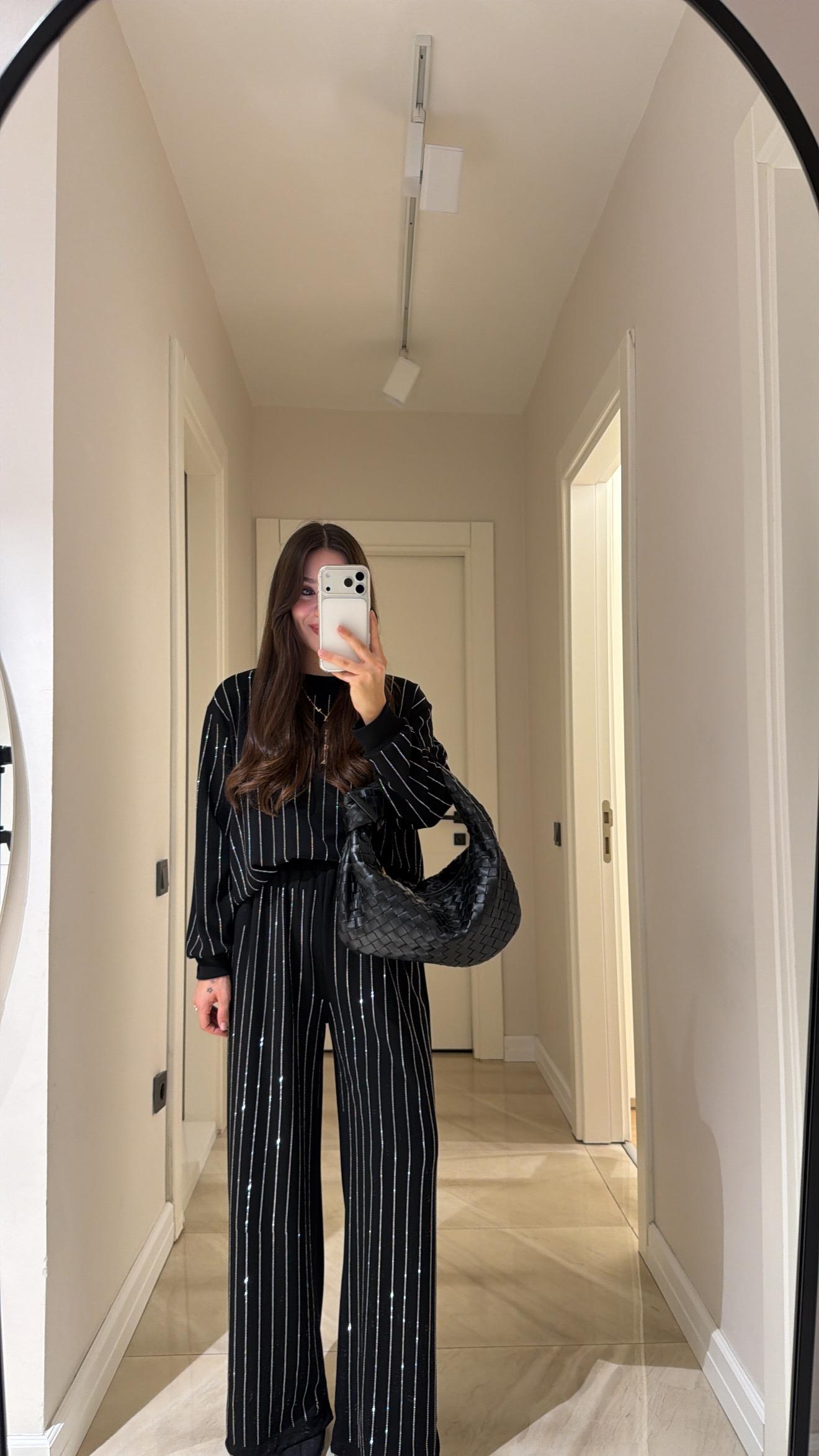 Black Stone oysho fabric Embellished Sweatshirt and Pants Set