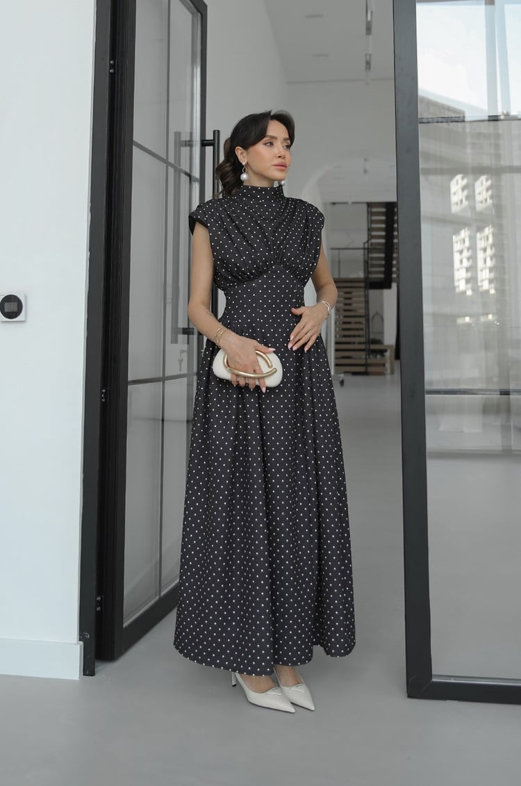 Polka dot Enid Waist-Fitted Padded Dresswith back neck tie