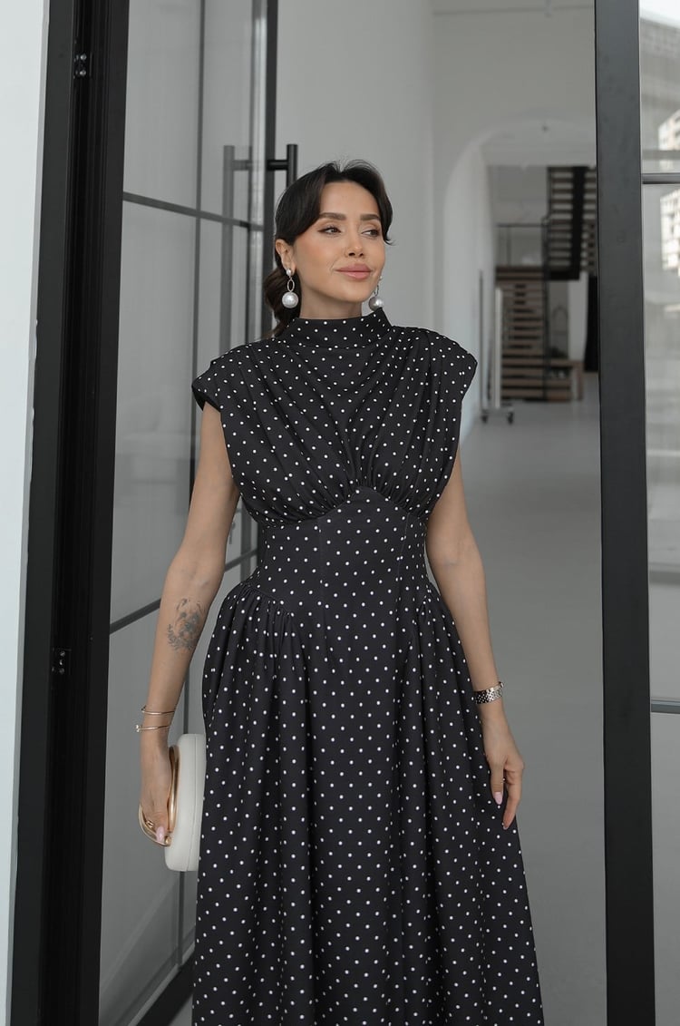 Polka dot Enid Waist-Fitted Padded Dresswith back neck tie